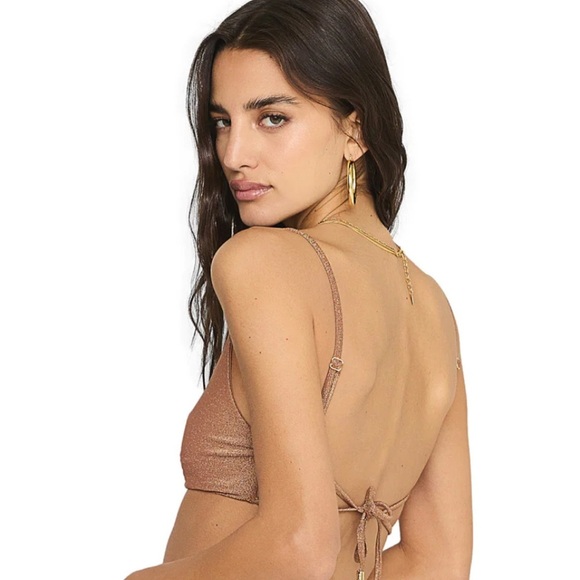 BEACH BUNNY RIVER TRI-RIVER Shimmering Brown Gold Bikini Top With Gold Charm - Picture 2 of 11